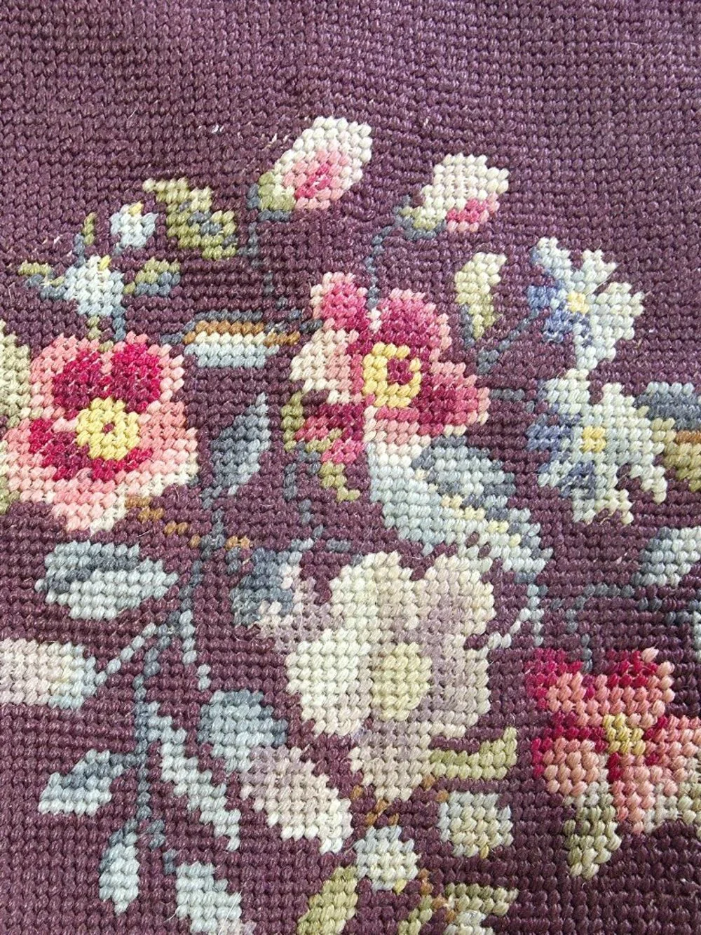 Handmade Needlepoint Panel Unisex 16x18 Brown Good Vintage Floral Petit Pointe